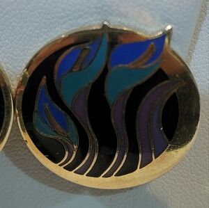 Vintage Laurel Burch Lilies for Les Enamel Clip On Earrings Signed